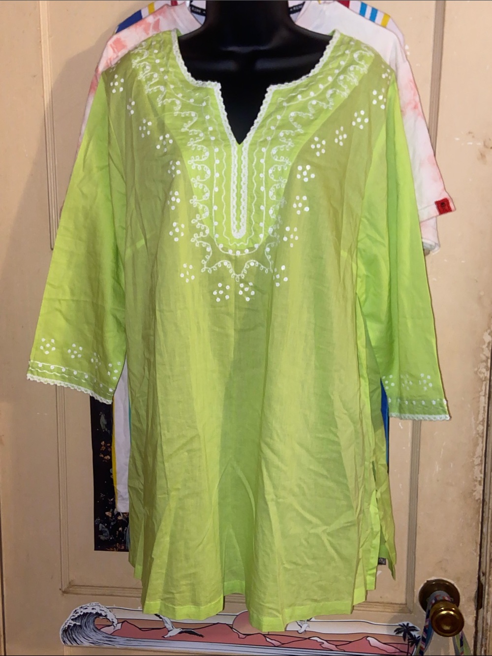 LIME GREEN TUNIC TOP Woman Within White Sequins Embroidery NWT Cotton